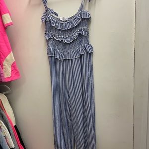 Blue and white seersucker cropped wide leg jumpsuit size 6